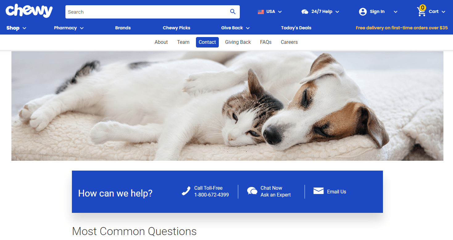 Contact us page on Chewy's website