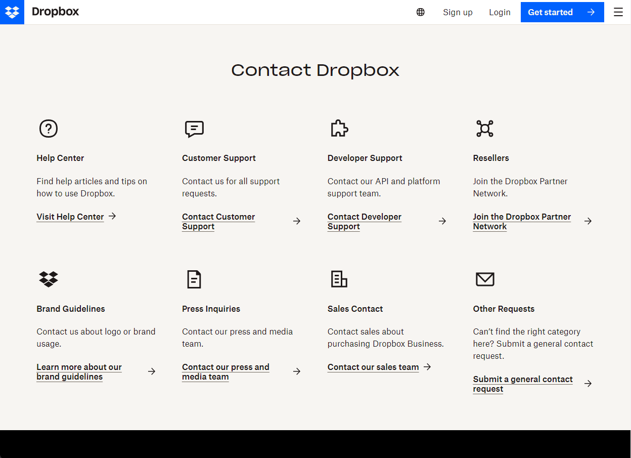 Dropbox contact page