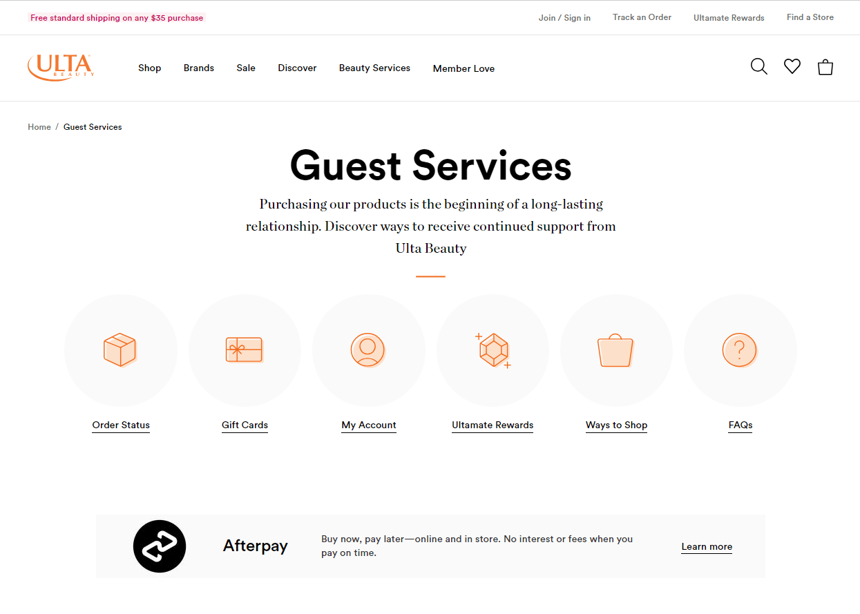 Contact us page on Ulta's website