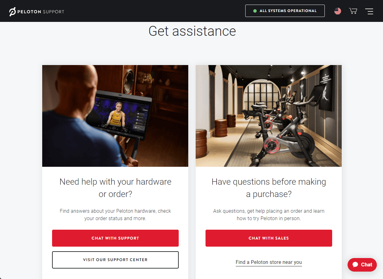 Contact us page on Peloton's website