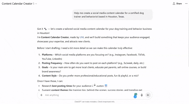 content calendar creator gpt in action