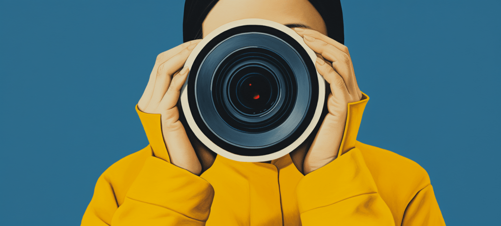 Person in a yellow jacket holding a camera lens in front of their face against a blue background.