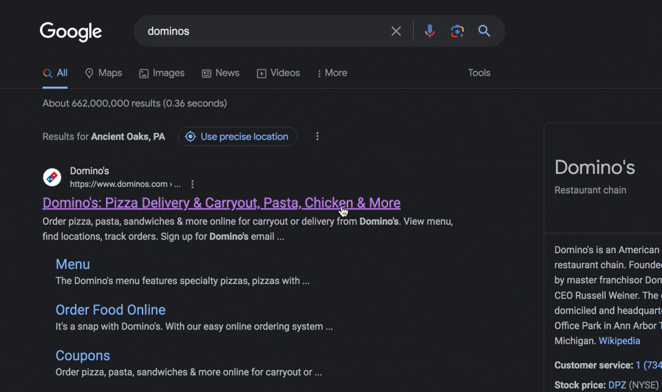 Visiting Domino's website from Google