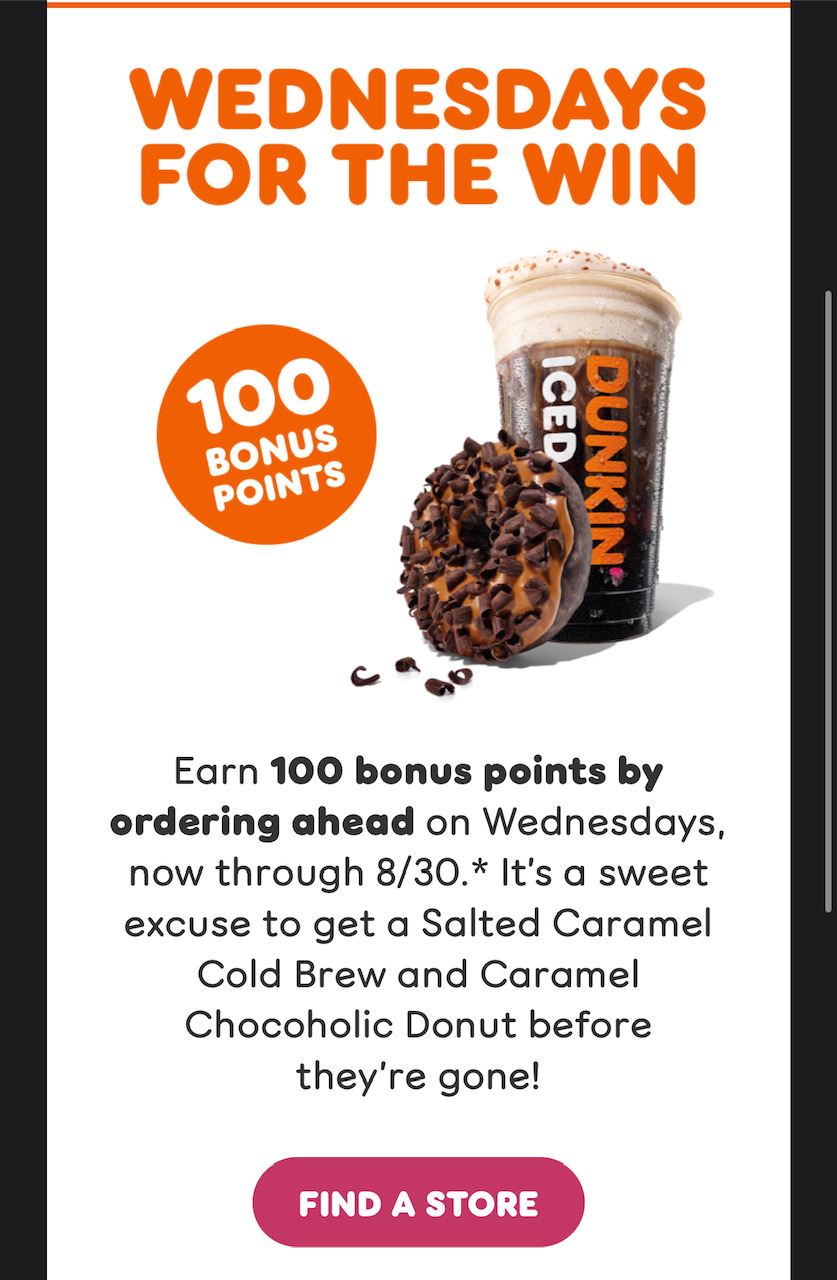 Email promoting Dunkin's extra points on Wednesdays for rewards members