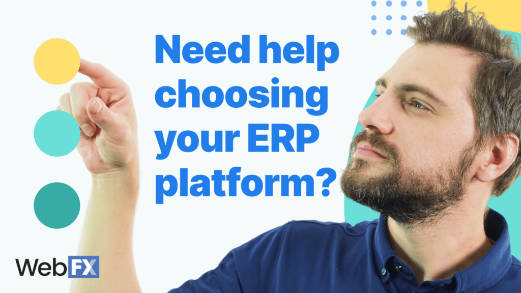 A man wearing a blue shirt is pointing at the different options for helping you in choosing your ERP platforms.