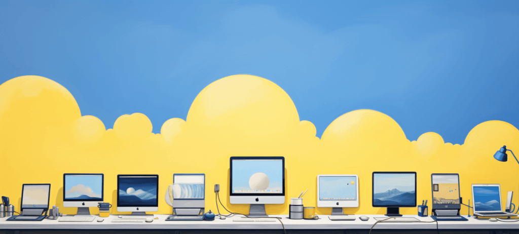 A row of computer setups with monitors displaying nature-themed wallpapers on a desk with accessories, against a yellow background with a blue sky.