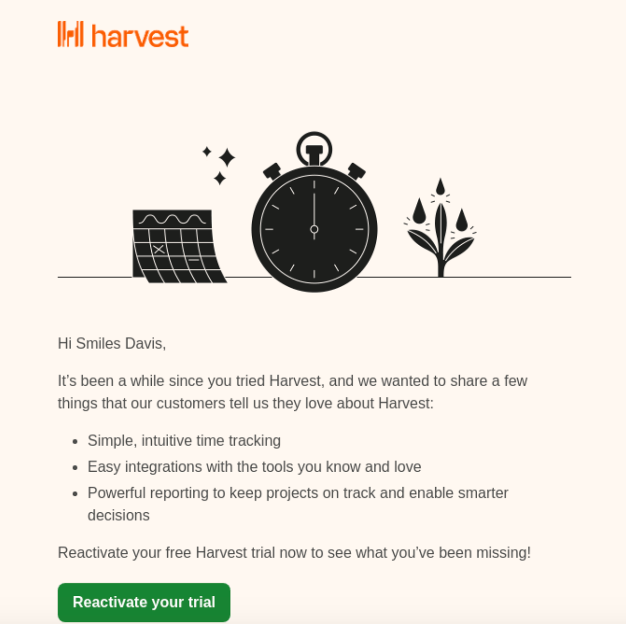 Tan email with a black calendar icon, stopwatch, and plant and information about why the subscriber should return to harvest