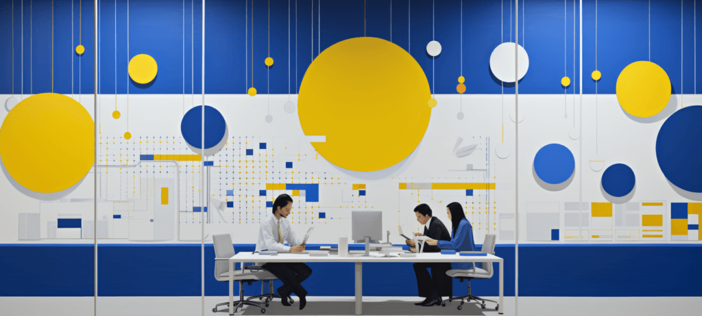 Three people working in a modern office with a blue and yellow geometric decor. Two individuals are collaborating at a table with a laptop, while the third is working alone at a separate table.