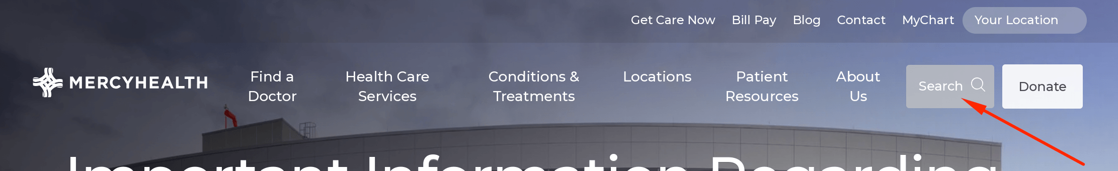 Search bar on MercyHealth's navigation