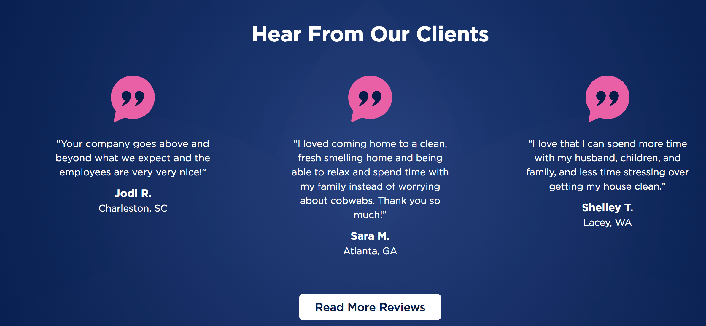 White text quotes on a blue page with pink quotation mark icons at the top of the testimonials