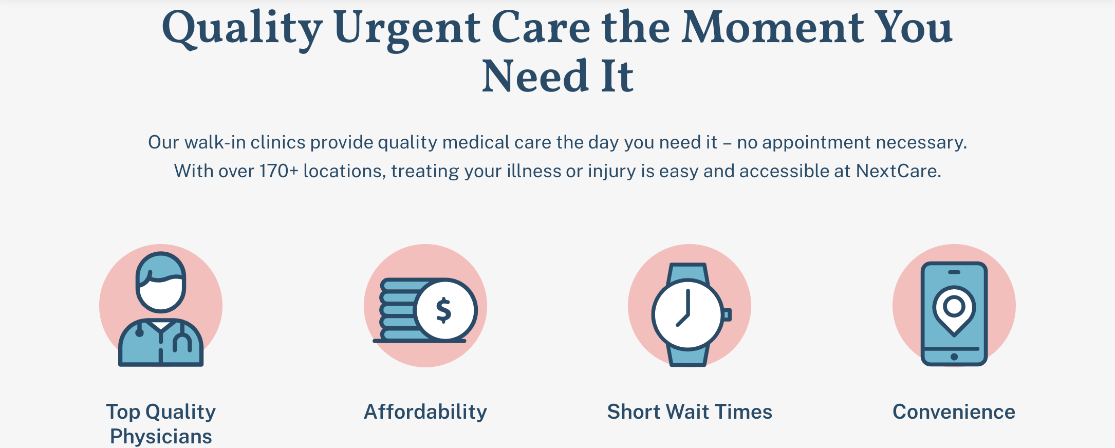 Icons of people, clocks, and phones featured on Nextcare's website