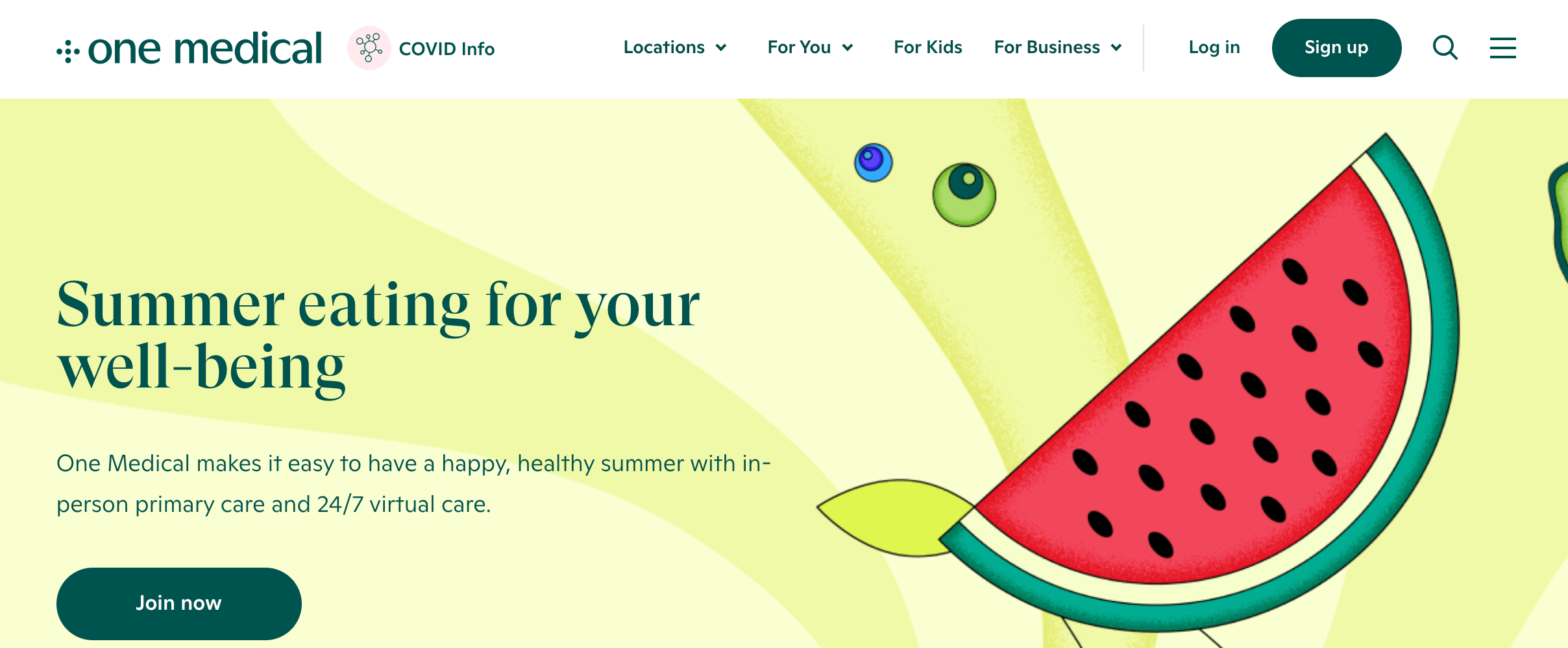 Homepage for One Medical featuring a watermelon on a yellow background