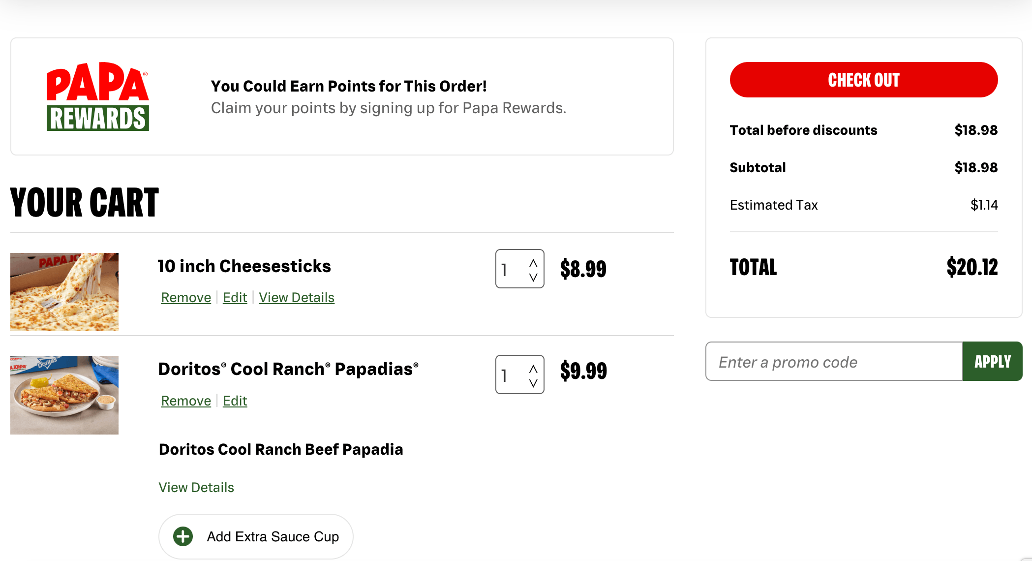 Checkout page for buying pizza from Papa John's