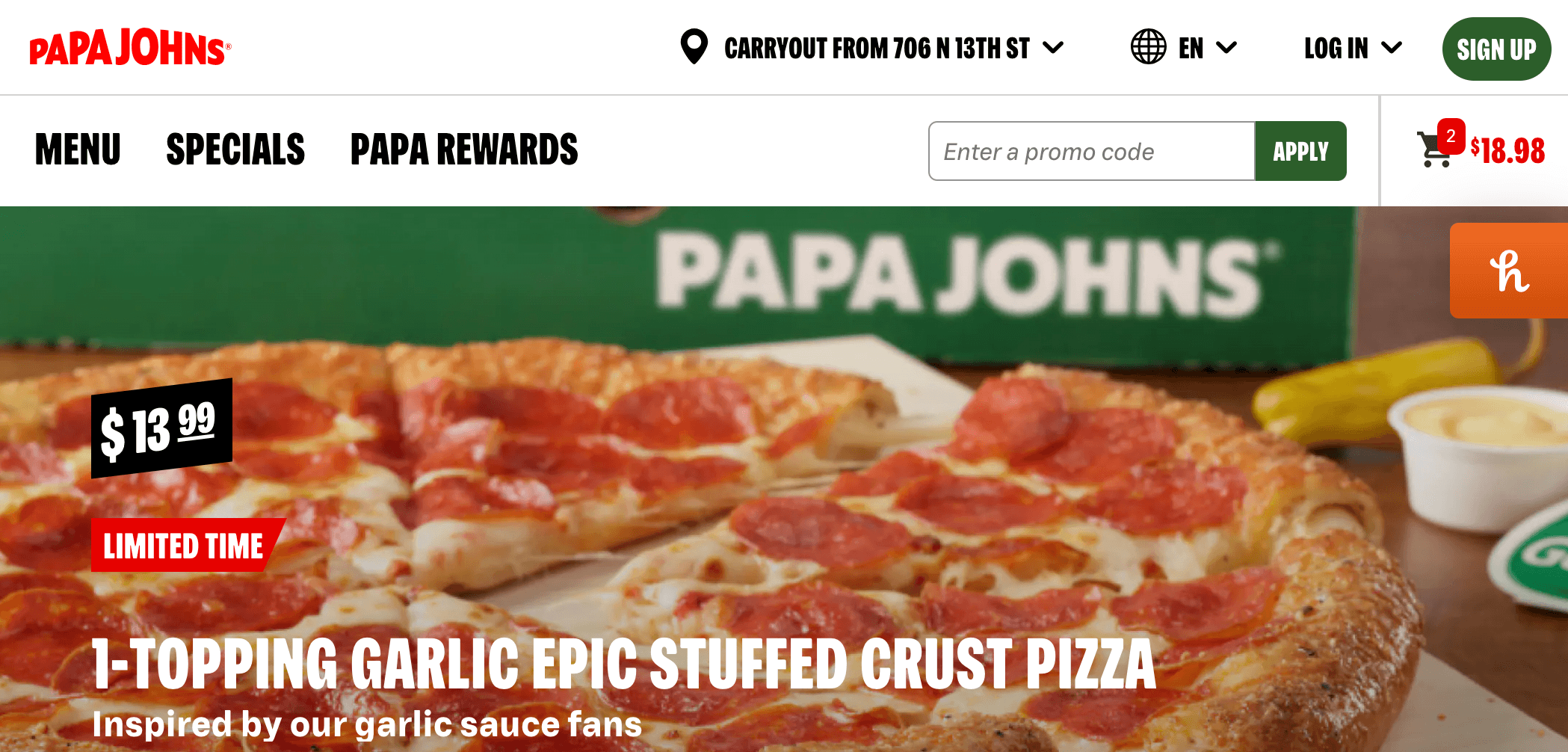 Homepage for Papa John's