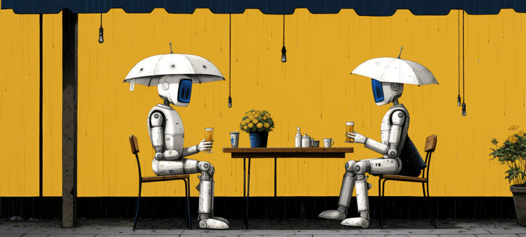 Two robots with umbrellas attached to their heads sitting at a table with glasses of a golden liquid, in front of a yellow wall with potted yellow flowers, mimicking a human social setting.