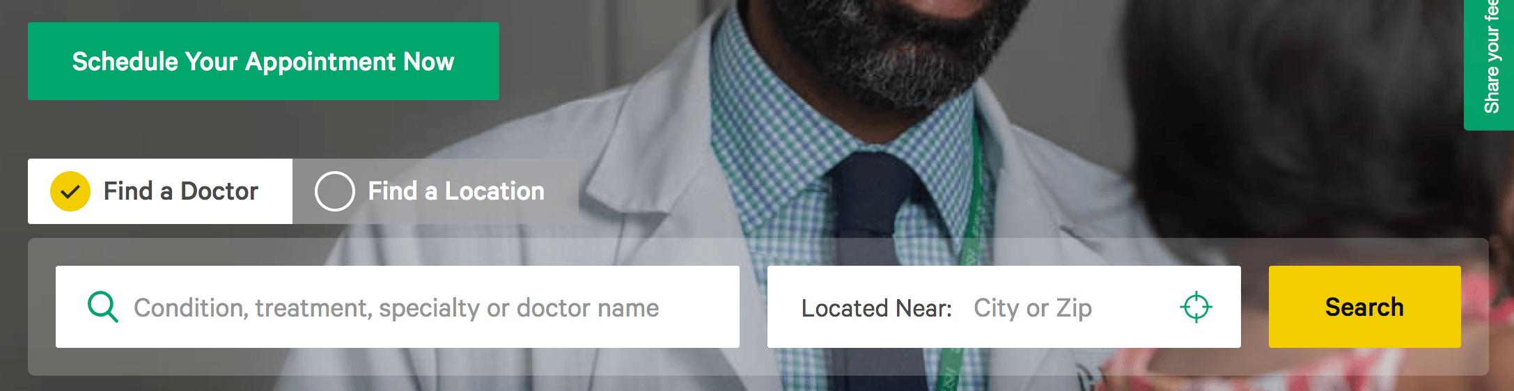 Two search boxes with a yellow CTA on Rush's website