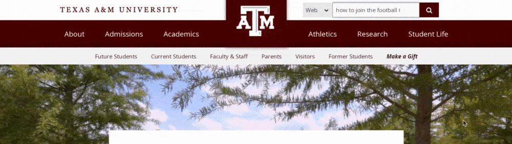 Search feature within Texas A&M's maroon navigation