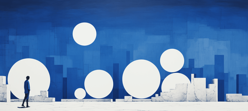 A person in a dark blue suit walking across a stylized blue and white abstract art scene with large white circles and a mosaic of rectangles and squares in the background, suggesting a cityscape.