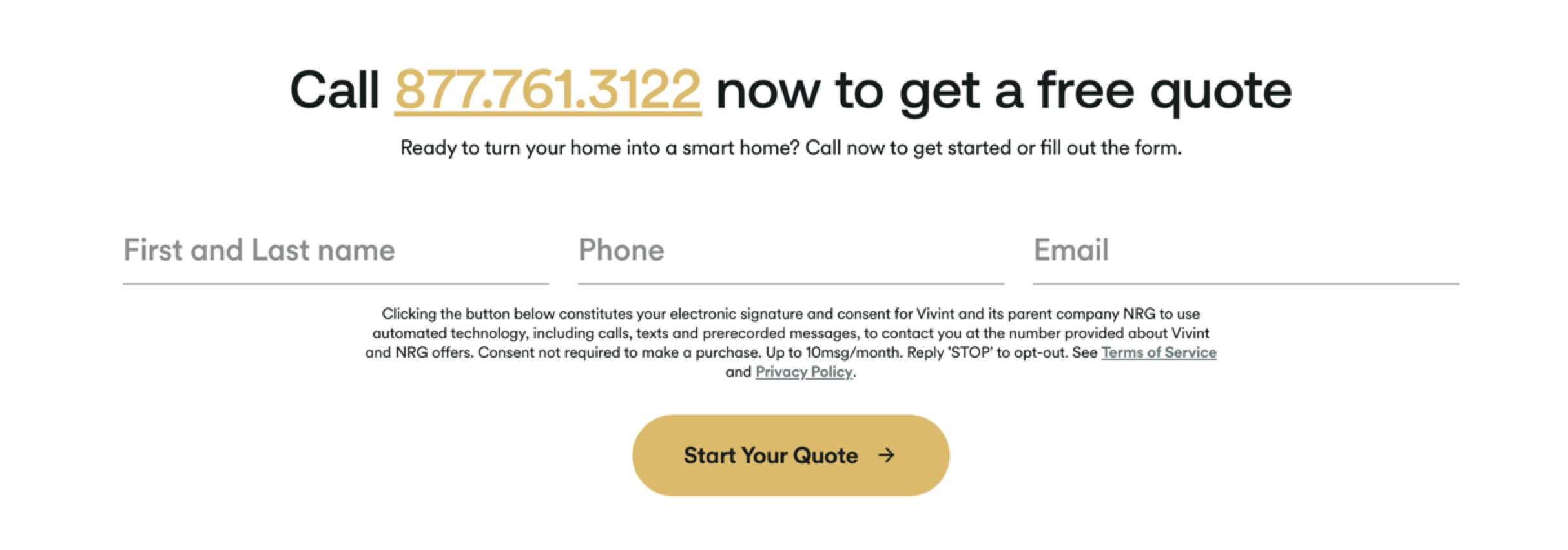 Screenshot of Vivint CTA with thier phone number and a contact button