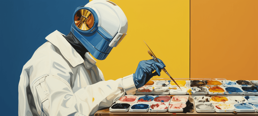 Person in a white hazmat suit with a golden visor and blue gloves is holding a paintbrush, selecting colors from a large palette of watercolors, against a split blue and yellow background.