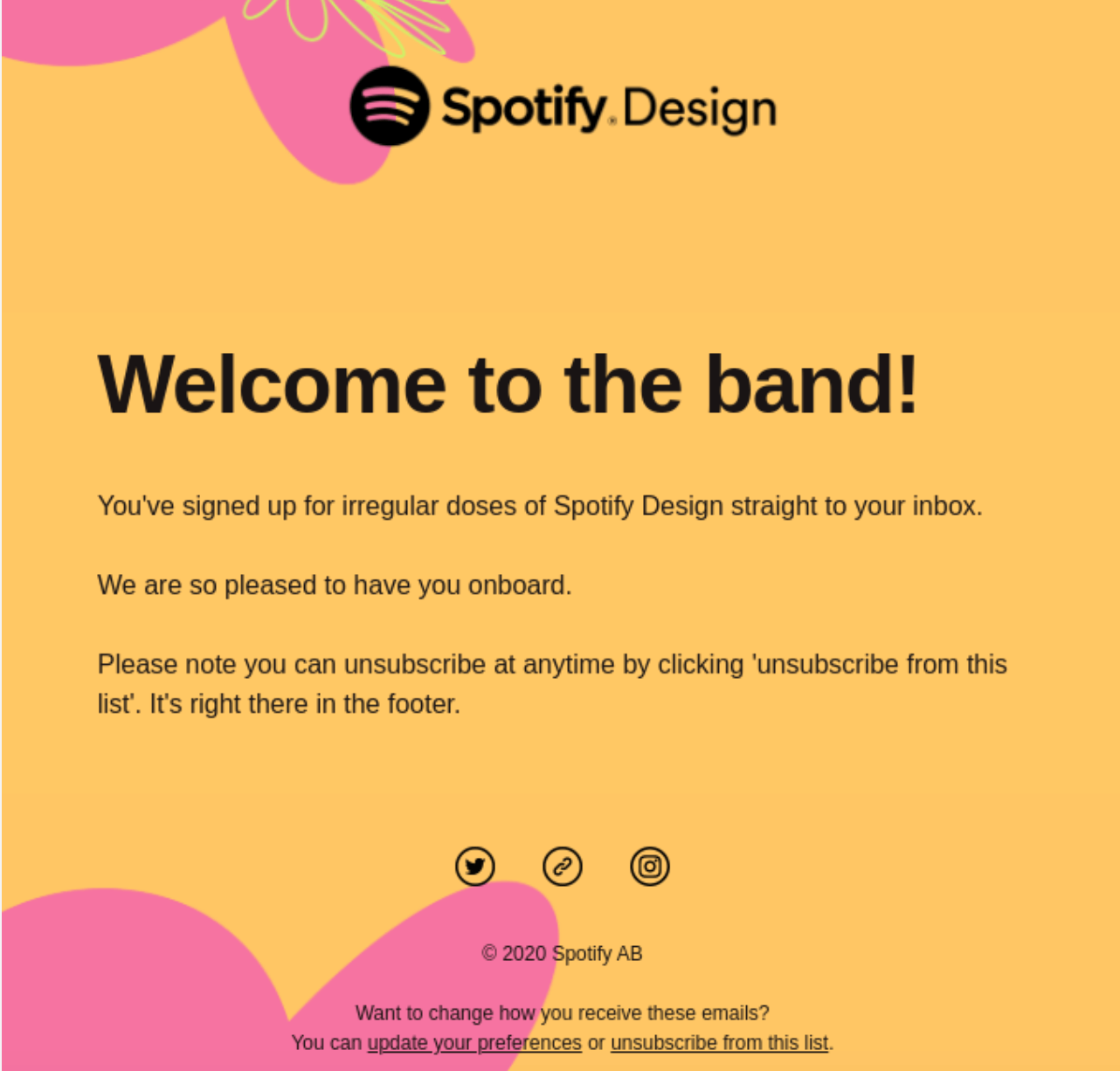 Yellow and pink welcome email from Spotify