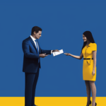 Man in a blue suit handing a paper to a woman in a yellow dress
