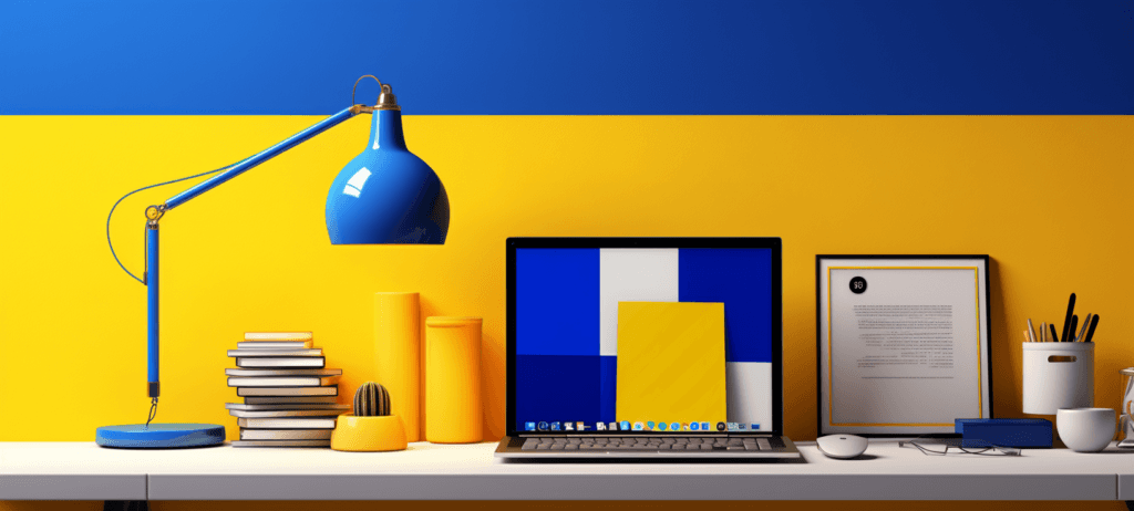 Laptop sitting on a table with a lamp and papers next to it
