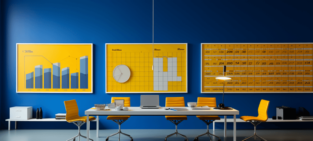 Three computer screens on a desk with yellow backgrounds