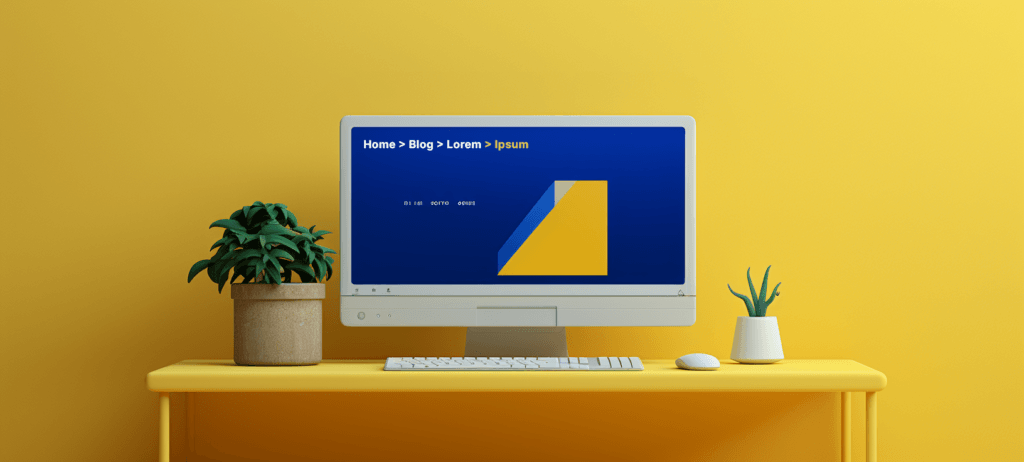 Desktop computer with a blue and yellow screen sitting on a yellow table in front of a yellow wall