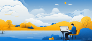 Man sitting at a computer desk with hills and clouds in the background