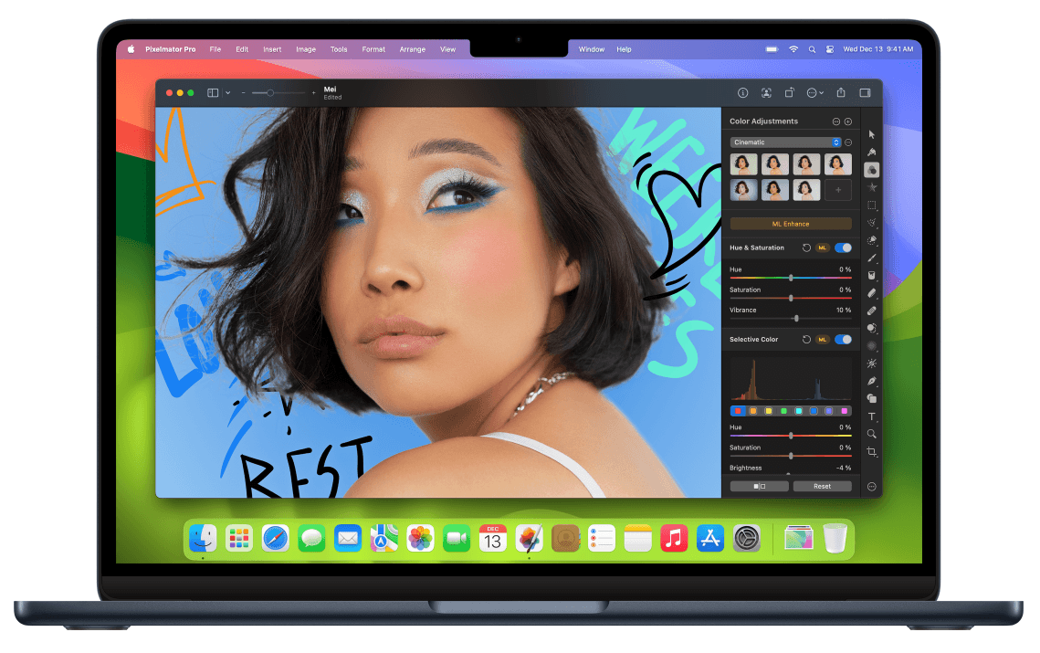 A picture of a woman with color make-up being edited in Pixelmator