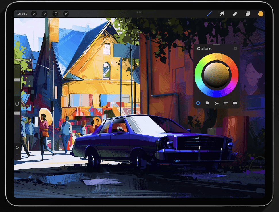 Image of a purple car in a city on an iPad