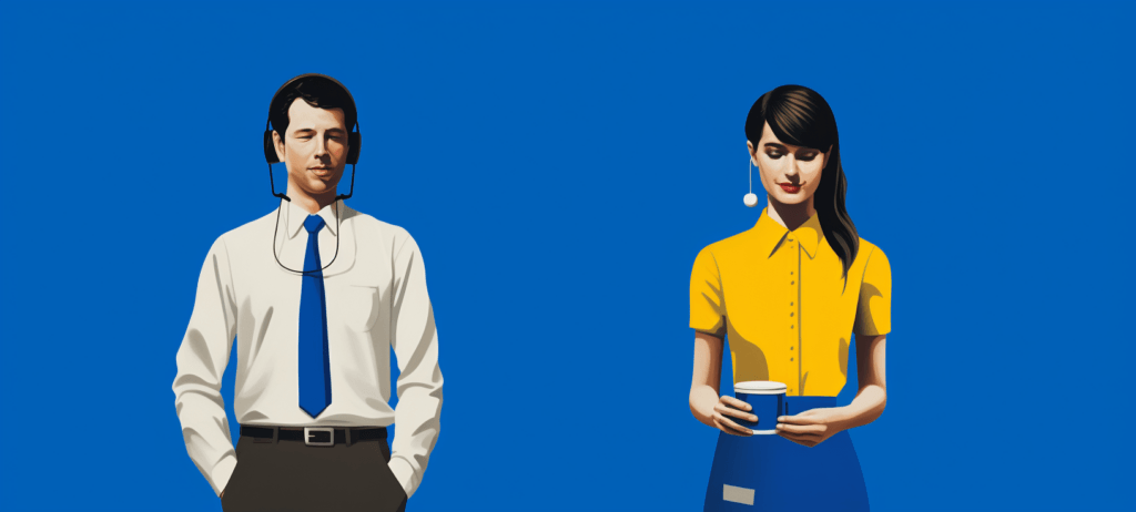 Man in a button up and tie standing next to a woman in a button up and skirt