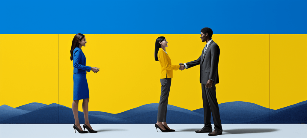 Man in a business suit shaking a woman's hand as another woman looks on