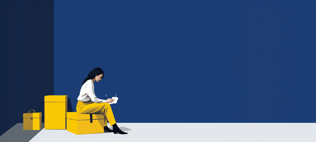 Girl wearing yellow pants sitting in a blue room on yellow boxes