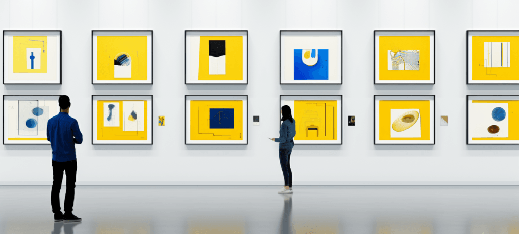 Man and woman looking at yellow and blue art hanging on a wall