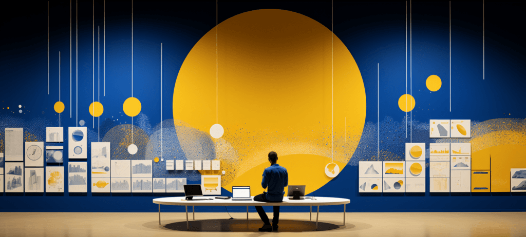 A person sitting at a table with laptops in a modern room with a blue and yellow color scheme, featuring a large stylized sun on the wall, suspended circles from the ceiling, and framed pictures and diagrams in matching colors.