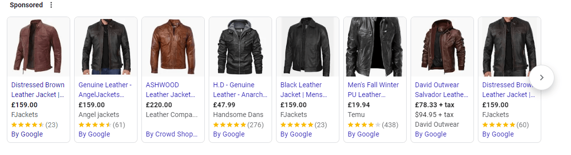 Google smart shopping ad results for leather jackets