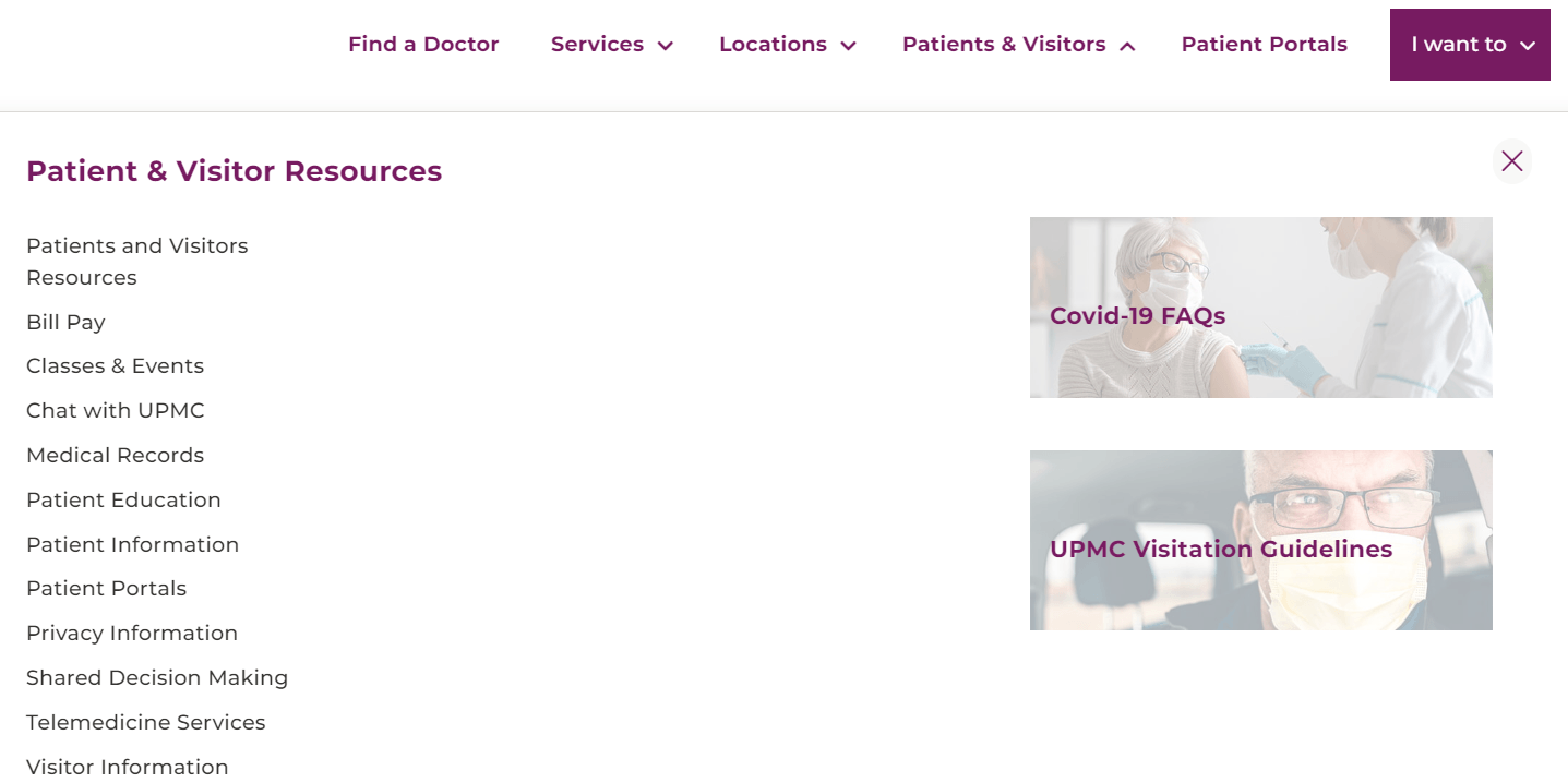 Navigation menu for medical website