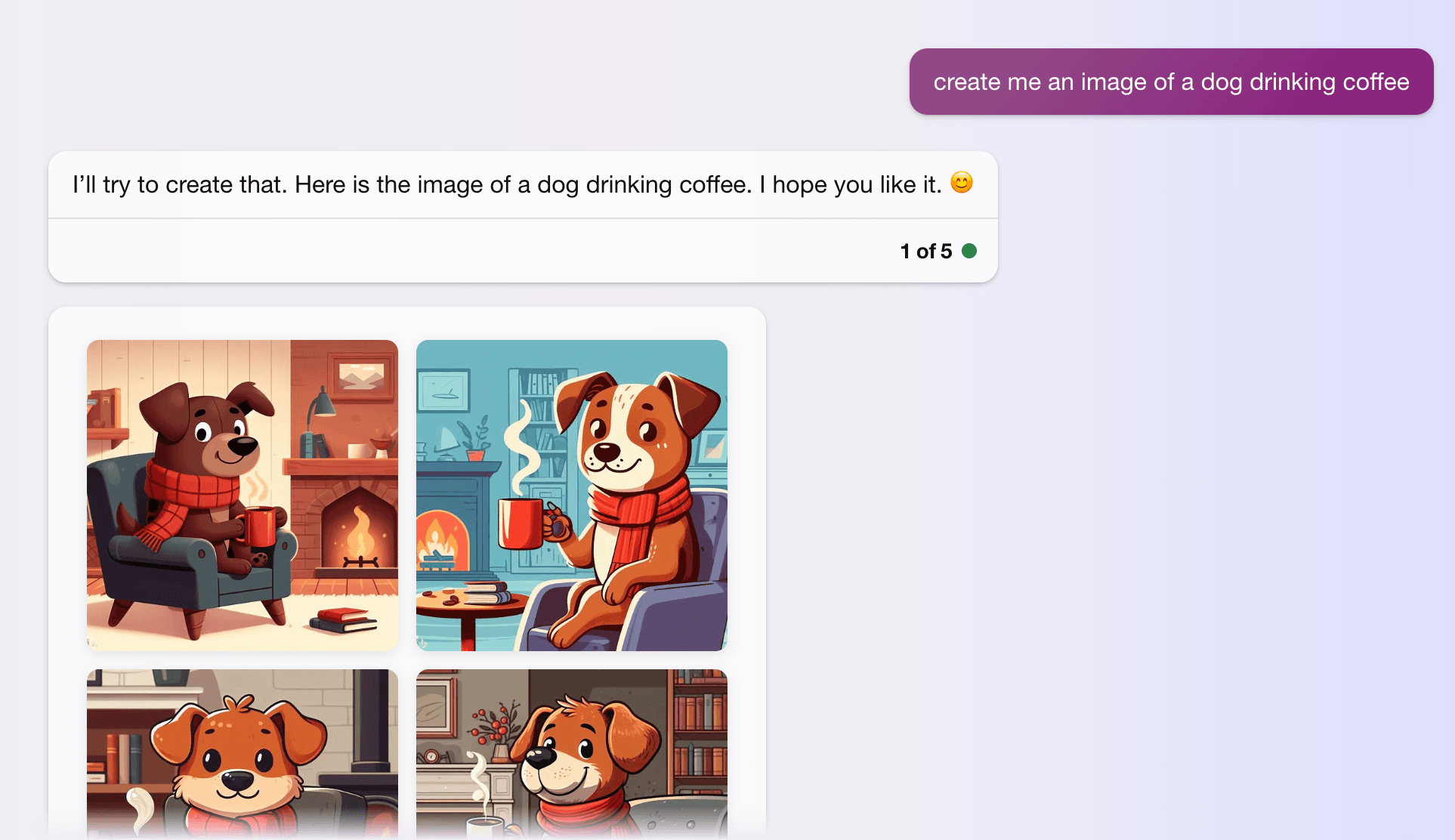 Bing AI generating four images of dog cartoons drinking coffee