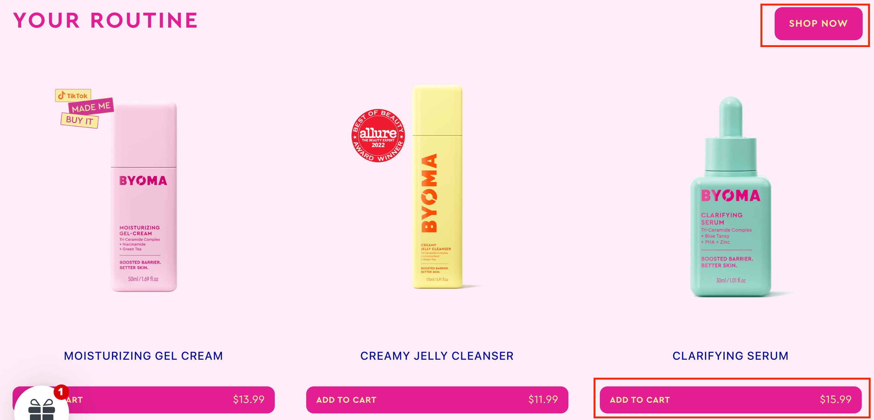 Pink call to action buttons on Byoma's website under each skin care product