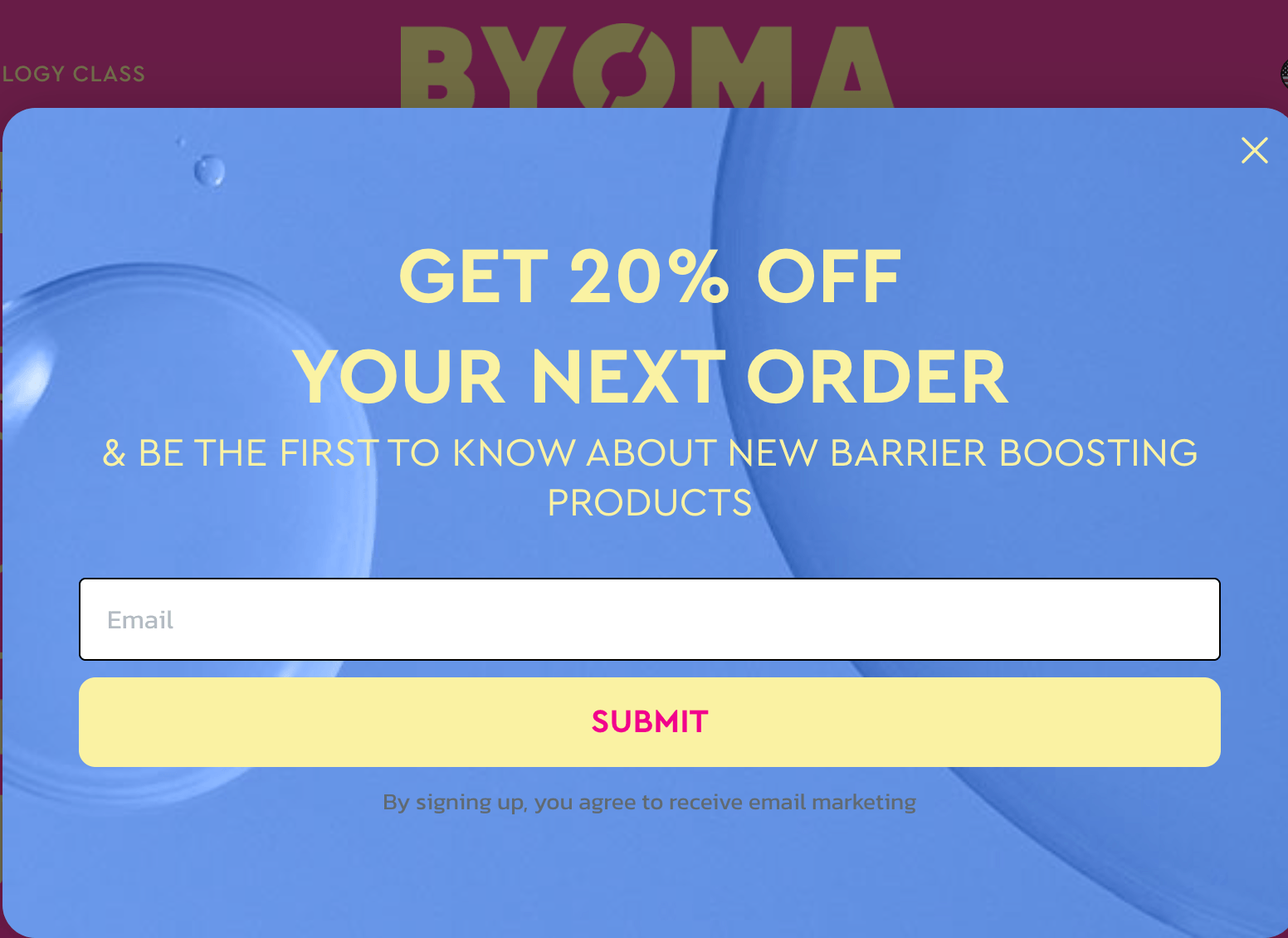 Promotional pop-up inviting users to sign up for BYOMA's emails to get 20% off their next order