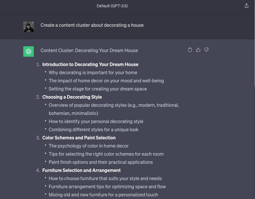 ChatGPT generating a content cluster about home decor topics