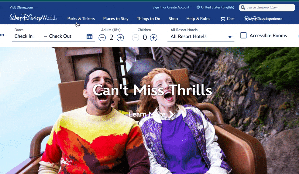 Navigation bar on Disney's website