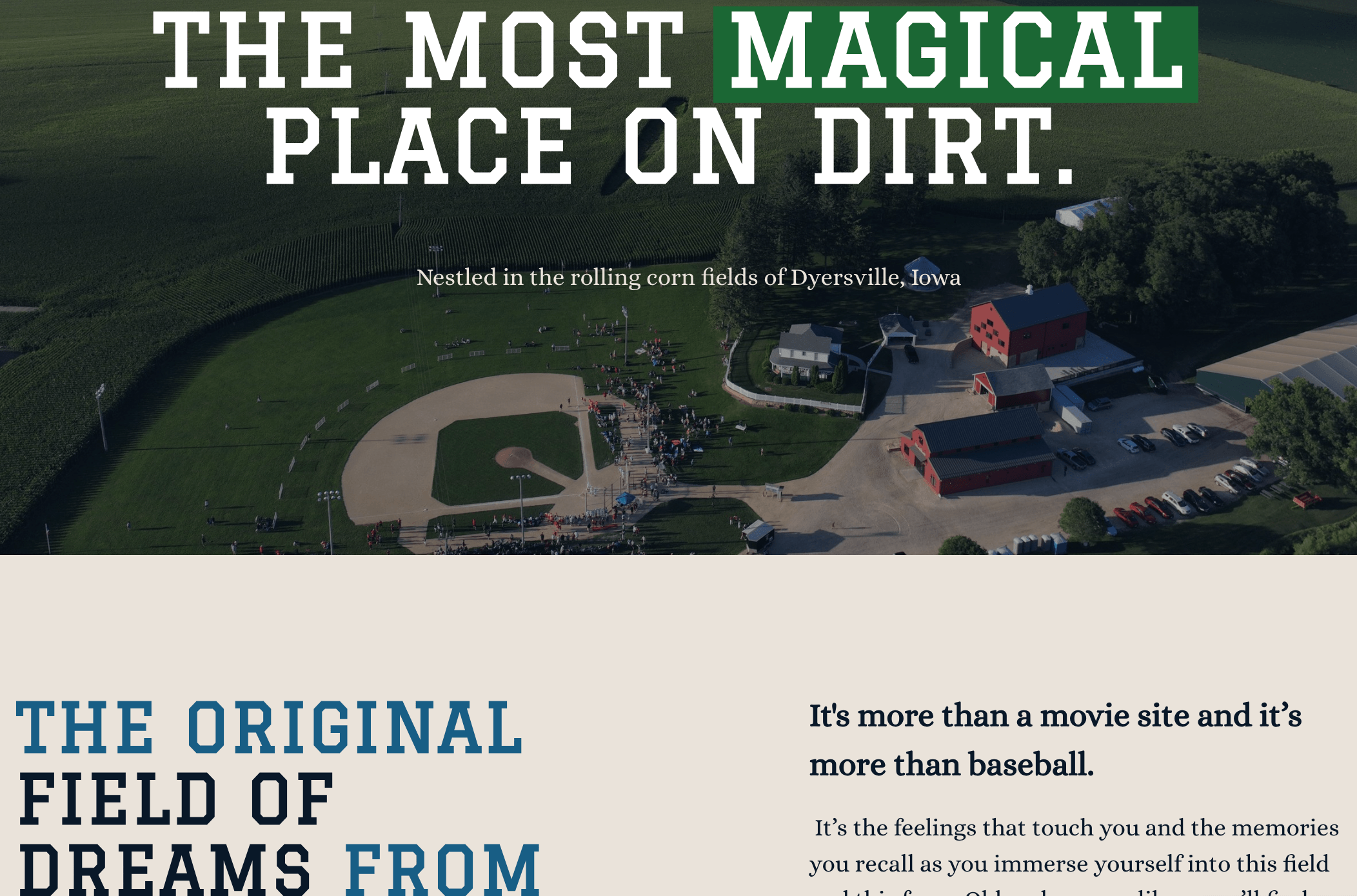 Typography on Field of Dreams' website