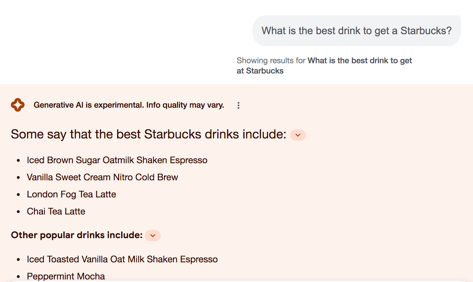 Follow up query about Starbucks asking what the best drink is to get at Starbucks