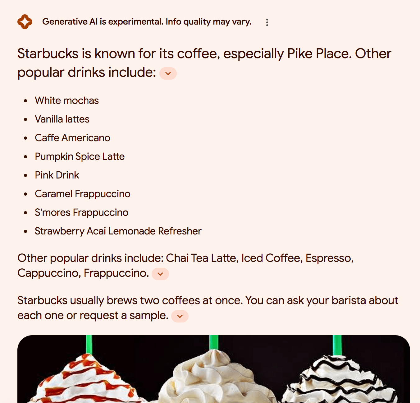 Google AI generating a list of the most popular Starbucks drinks