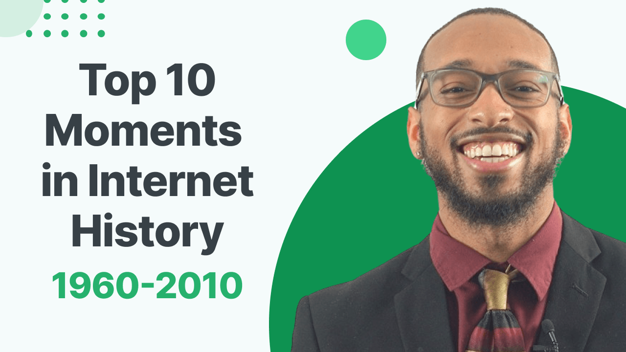 A smiling person with glasses wearing a black jacket, maroon shirt, and striped tie in front of a graphic with text 'Top 10 Moments in Internet History 1960-2010' with decorative green circles and shapes.