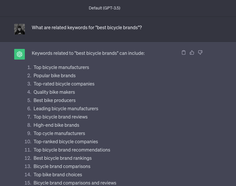 ChatGPT generating a list of keywords about best bicycle brands