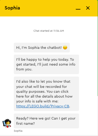 Lego chatbot featuring an AI customer service bot answering questions